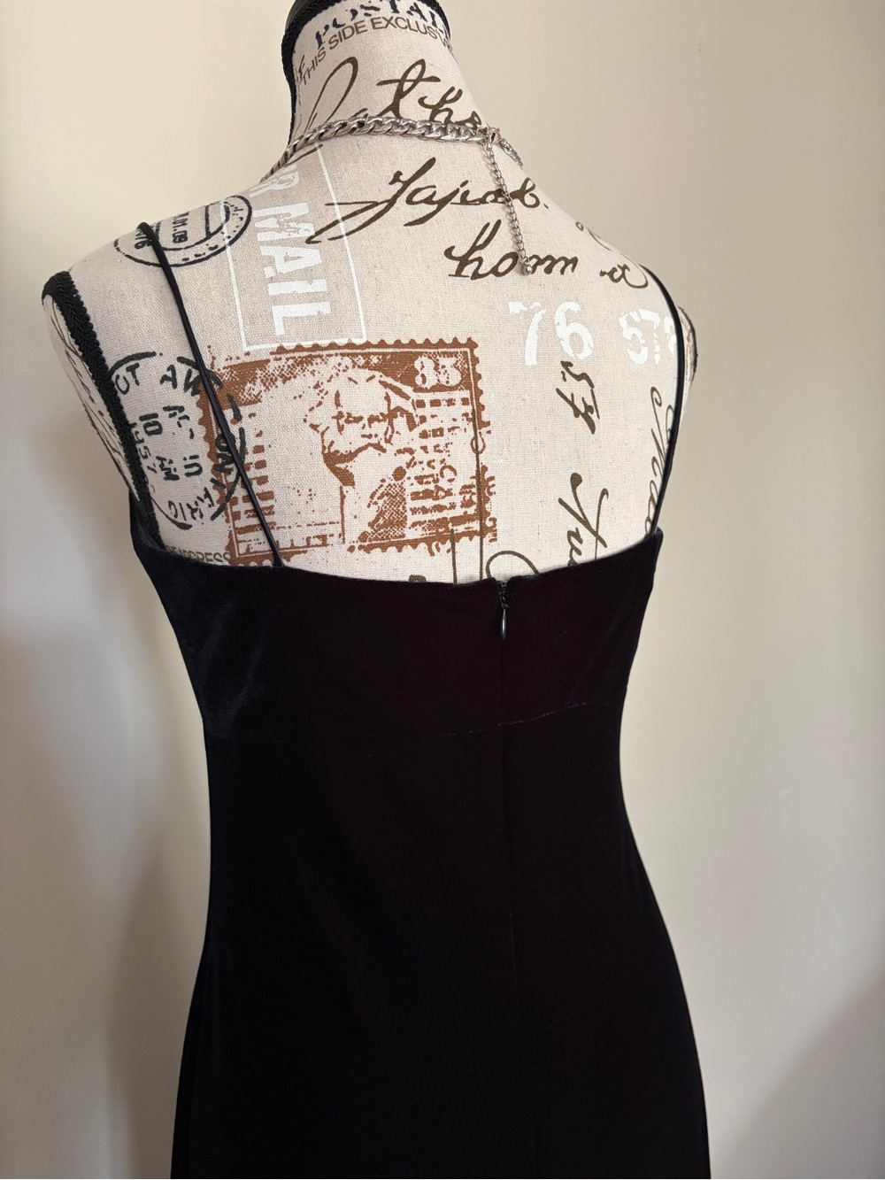 90s Vintage Black Velvet Goth Grunge Maxi Dress Spaghetti Strap | Morticia - Picture 3 of 7